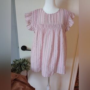 Current Air Pink & Gray Striped Ruffle Sleeve Blouse Size Large